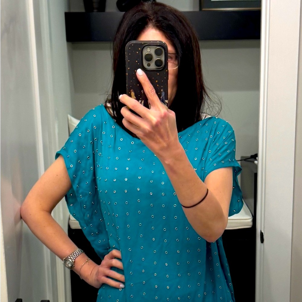 Robert Rodriguez Relaxed Fit Blue Top with Silver Grommets & Drawstring, Size 2